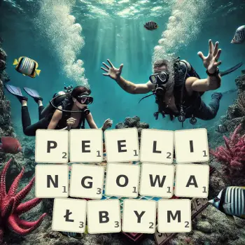 Kreatywna ilustracja do gry w Scrabble ze słowem PEELINGOWAŁBYM ułożonym z płytek na planszy.