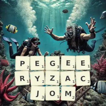 Kreatywna ilustracja do gry w Scrabble ze słowem PEGEERYZACJOM ułożonym z płytek na planszy.