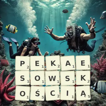 Kreatywna ilustracja do gry w Scrabble ze słowem PEKAESOWSKOŚCIĄ ułożonym z płytek na planszy.