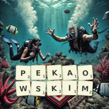 Kreatywna ilustracja do gry w Scrabble ze słowem PEKAOWSKIM ułożonym z płytek na planszy.