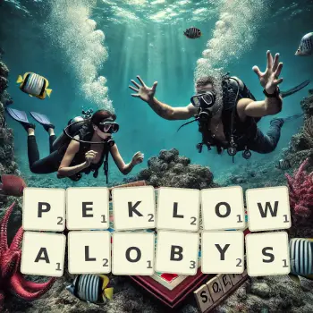 Kreatywna ilustracja do gry w Scrabble ze słowem PEKLOWALOBYS ułożonym z płytek na planszy.