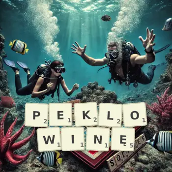 Kreatywna ilustracja do gry w Scrabble ze słowem PEKLOWINĘ ułożonym z płytek na planszy.