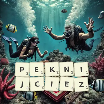 Kreatywna ilustracja do gry w Scrabble ze słowem PEKNIJCIEZ ułożonym z płytek na planszy.