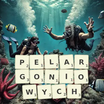 Kreatywna ilustracja do gry w Scrabble ze słowem PELARGONIOWYCH ułożonym z płytek na planszy.