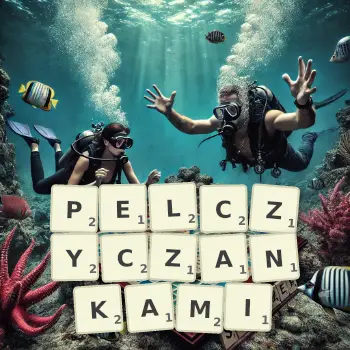 Kreatywna ilustracja do gry w Scrabble ze słowem PELCZYCZANKAMI ułożonym z płytek na planszy.