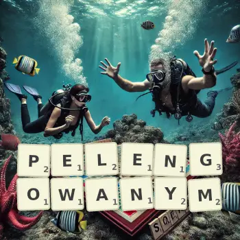 Kreatywna ilustracja do gry w Scrabble ze słowem PELENGOWANYM ułożonym z płytek na planszy.