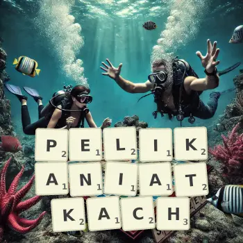 Kreatywna ilustracja do gry w Scrabble ze słowem PELIKANIATKACH ułożonym z płytek na planszy.