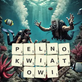 Kreatywna ilustracja do gry w Scrabble ze słowem PELNOKWIATOWI ułożonym z płytek na planszy.