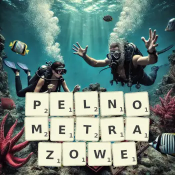 Kreatywna ilustracja do gry w Scrabble ze słowem PELNOMETRAZOWE ułożonym z płytek na planszy.