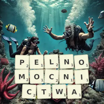 Kreatywna ilustracja do gry w Scrabble ze słowem PELNOMOCNICTWA ułożonym z płytek na planszy.