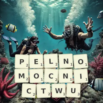 Kreatywna ilustracja do gry w Scrabble ze słowem PELNOMOCNICTWU ułożonym z płytek na planszy.
