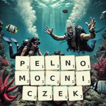 Kreatywna ilustracja do gry w Scrabble ze słowem PELNOMOCNICZEK ułożonym z płytek na planszy.