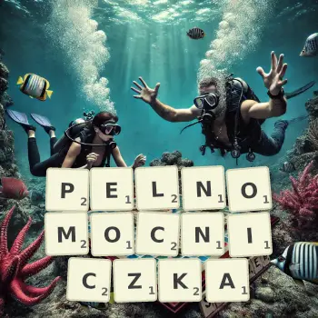 Kreatywna ilustracja do gry w Scrabble ze słowem PELNOMOCNICZKA ułożonym z płytek na planszy.