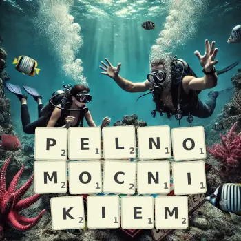 Kreatywna ilustracja do gry w Scrabble ze słowem PELNOMOCNIKIEM ułożonym z płytek na planszy.