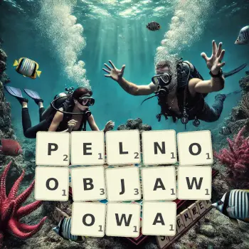 Kreatywna ilustracja do gry w Scrabble ze słowem PELNOOBJAWOWA ułożonym z płytek na planszy.