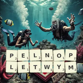 Kreatywna ilustracja do gry w Scrabble ze słowem PELNOPLETWYM ułożonym z płytek na planszy.