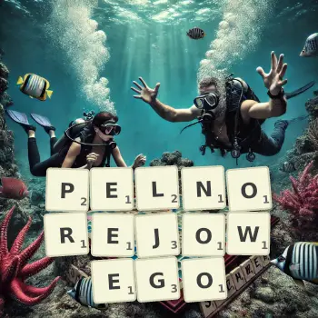 Kreatywna ilustracja do gry w Scrabble ze słowem PELNOREJOWEGO ułożonym z płytek na planszy.