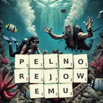 Kreatywna ilustracja do gry w Scrabble ze słowem PELNOREJOWEMU ułożonym z płytek na planszy.