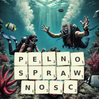 Kreatywna ilustracja do gry w Scrabble ze słowem PELNOSPRAWNOSC ułożonym z płytek na planszy.