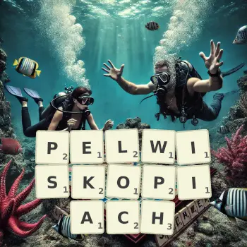 Kreatywna ilustracja do gry w Scrabble ze słowem PELWISKOPIACH ułożonym z płytek na planszy.