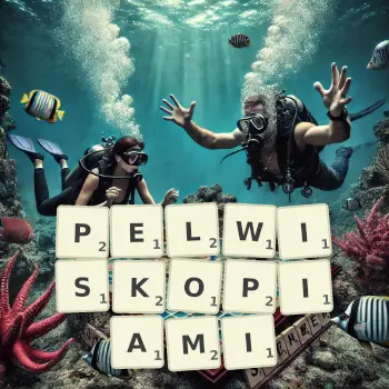 Kreatywna ilustracja do gry w Scrabble ze słowem PELWISKOPIAMI ułożonym z płytek na planszy.