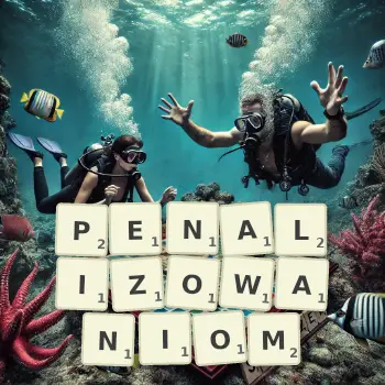 Kreatywna ilustracja do gry w Scrabble ze słowem PENALIZOWANIOM ułożonym z płytek na planszy.