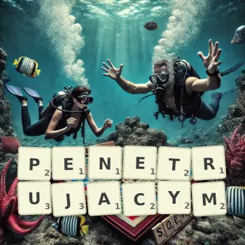 Kreatywna ilustracja do gry w Scrabble ze słowem PENETRUJACYM ułożonym z płytek na planszy.