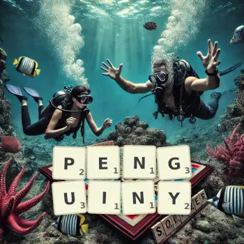 Kreatywna ilustracja do gry w Scrabble ze słowem PENGUINY ułożonym z płytek na planszy.