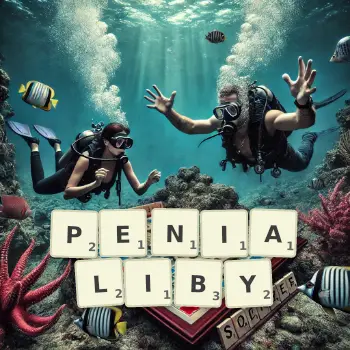 Kreatywna ilustracja do gry w Scrabble ze słowem PENIALIBY ułożonym z płytek na planszy.