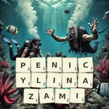 Kreatywna ilustracja do gry w Scrabble ze słowem PENICYLINAZAMI ułożonym z płytek na planszy.