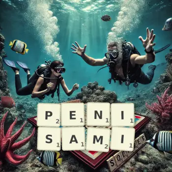 Kreatywna ilustracja do gry w Scrabble ze słowem PENISAMI ułożonym z płytek na planszy.