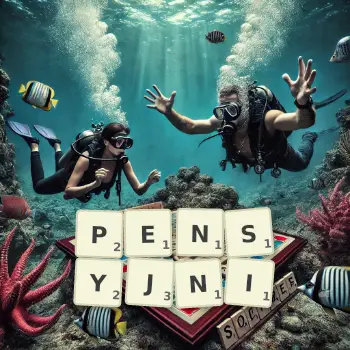 Kreatywna ilustracja do gry w Scrabble ze słowem PENSYJNI ułożonym z płytek na planszy.