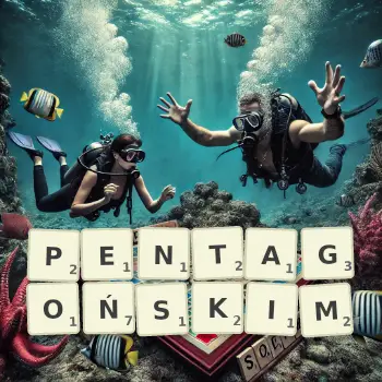 Kreatywna ilustracja do gry w Scrabble ze słowem PENTAGOŃSKIM ułożonym z płytek na planszy.