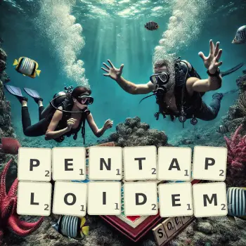 Kreatywna ilustracja do gry w Scrabble ze słowem PENTAPLOIDEM ułożonym z płytek na planszy.