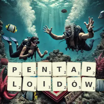 Kreatywna ilustracja do gry w Scrabble ze słowem PENTAPLOIDÓW ułożonym z płytek na planszy.