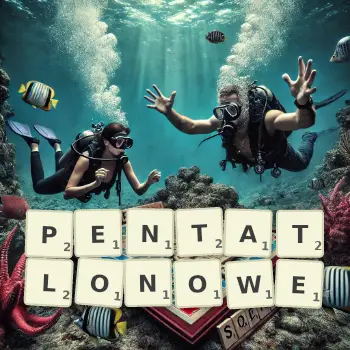 Kreatywna ilustracja do gry w Scrabble ze słowem PENTATLONOWE ułożonym z płytek na planszy.