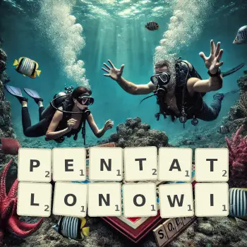 Kreatywna ilustracja do gry w Scrabble ze słowem PENTATLONOWI ułożonym z płytek na planszy.