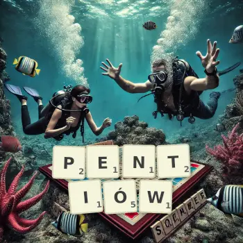 Kreatywna ilustracja do gry w Scrabble ze słowem PENTIÓW ułożonym z płytek na planszy.
