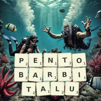 Kreatywna ilustracja do gry w Scrabble ze słowem PENTOBARBITALU ułożonym z płytek na planszy.