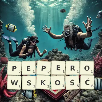 Kreatywna ilustracja do gry w Scrabble ze słowem PEPEROWSKOŚĆ ułożonym z płytek na planszy.