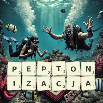 Kreatywna ilustracja do gry w Scrabble ze słowem PEPTONIZACJA ułożonym z płytek na planszy.
