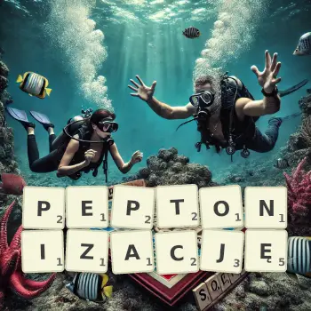 Kreatywna ilustracja do gry w Scrabble ze słowem PEPTONIZACJĘ ułożonym z płytek na planszy.