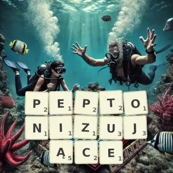 Kreatywna ilustracja do gry w Scrabble ze słowem PEPTONIZUJĄCE ułożonym z płytek na planszy.