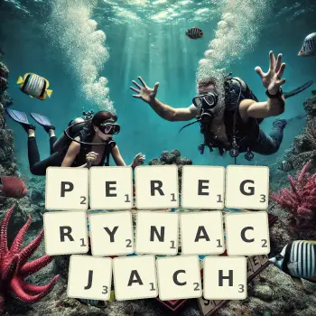 Kreatywna ilustracja do gry w Scrabble ze słowem PEREGRYNACJACH ułożonym z płytek na planszy.