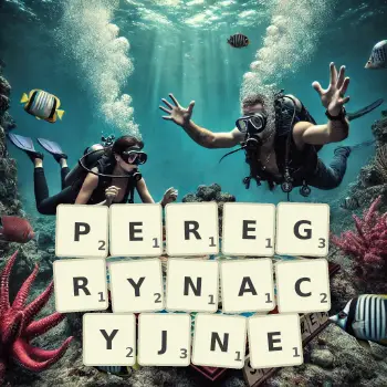 Kreatywna ilustracja do gry w Scrabble ze słowem PEREGRYNACYJNE ułożonym z płytek na planszy.