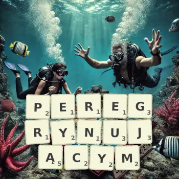 Kreatywna ilustracja do gry w Scrabble ze słowem PEREGRYNUJĄCYM ułożonym z płytek na planszy.