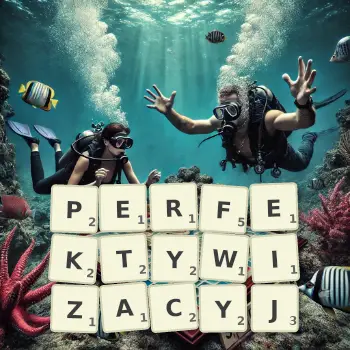 Kreatywna ilustracja do gry w Scrabble ze słowem PERFEKTYWIZACYJ ułożonym z płytek na planszy.