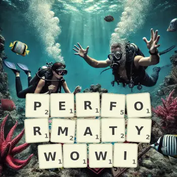 Kreatywna ilustracja do gry w Scrabble ze słowem PERFORMATYWOWI ułożonym z płytek na planszy.