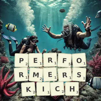 Kreatywna ilustracja do gry w Scrabble ze słowem PERFORMERSKICH ułożonym z płytek na planszy.