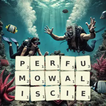 Kreatywna ilustracja do gry w Scrabble ze słowem PERFUMOWALISCIE ułożonym z płytek na planszy.